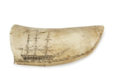 Scrimshaw whale's tooth 19th century One side with three-masted...