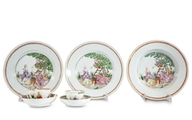 Three Chinese export porcelain famille rose 'Cherry Pickers' plates...