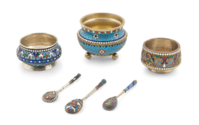 Three sets of Russian silver and enamel salt cellars and spoons
