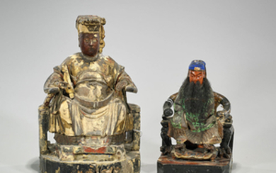 Two Antique Chinese Polychrome Wood Temple Figures