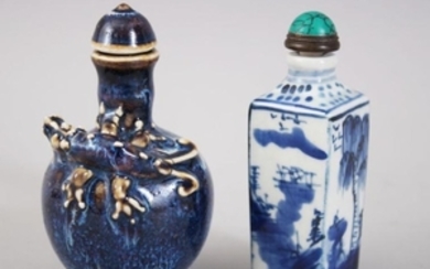 TWO CHINESE PORCELAIN SNUFF BOTTLES, one bottle shaped