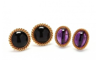 Two Pairs 18KT Gold Gem-Set Earrings
