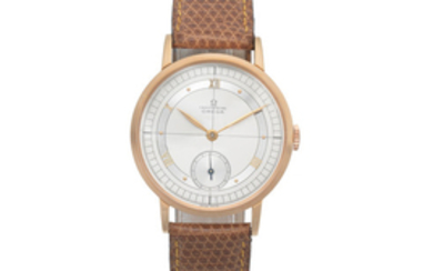 Omega. An 18K rose gold manual wind wristwatch