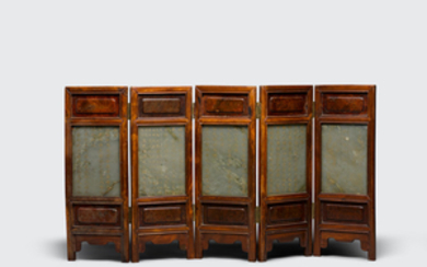 A set of five gilt-inscribed jade plaques mounted in a wood folding table screen