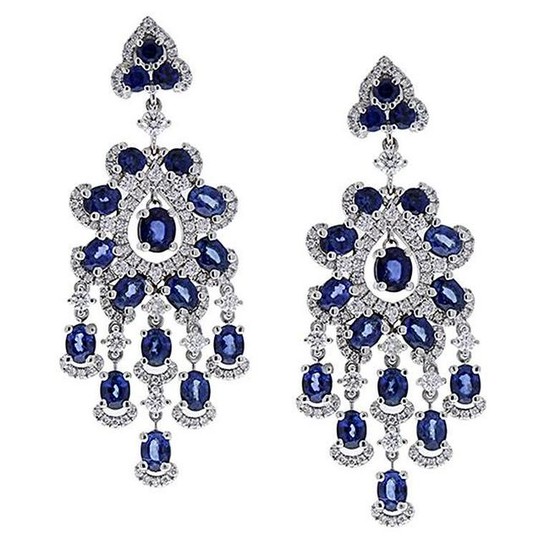 6.71 Carat Oval Blue Sapphire and Diamond Earrings in