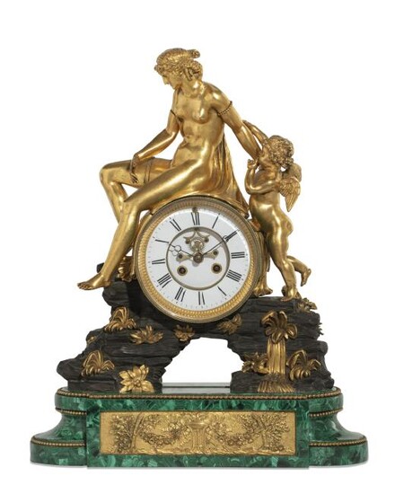 French bronze and malachite figural mantel clock