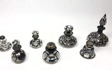 7pc Art Nouveau Sterling Overlay Perfume Bottles. Some