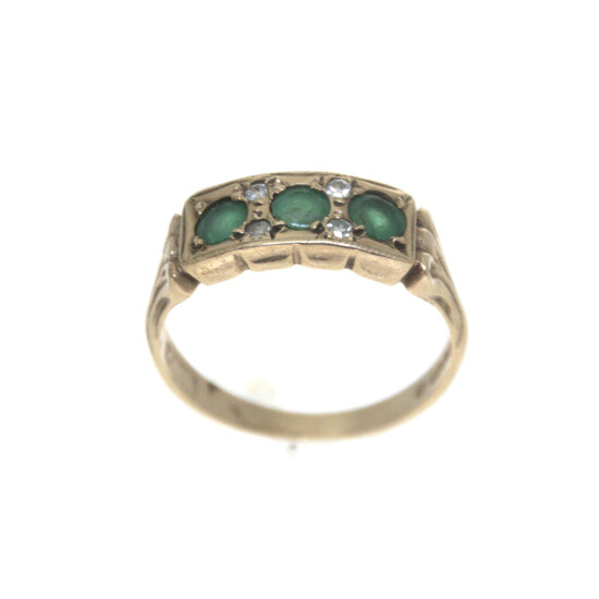 Victorian Style 9k Yellow Gold Emerald and Diamond Ring.