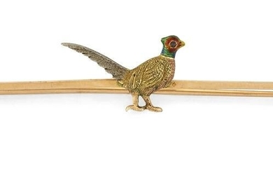 A 15 CARAT GOLD AND ENAMEL PHEASANT BROOCH, the