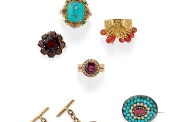 A 18K gold, low-title gold, silver and gemstone rings, cufflinks and brooch