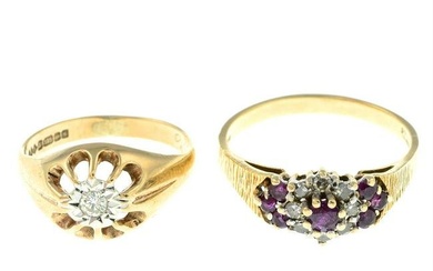 A 1970s 9ct gold ruby and single-cut diamond ring, together with a further 9ct gold ring.
