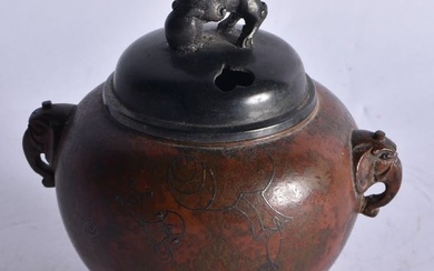 A 19TH CENTURY JAPANESE MEIJI PERIOD SILVER INLAID BRONZE CENSER decorated with foliage. 12 cm x 8 c