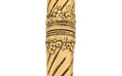 A 19th century gold needle or bodkin case, of tapering candy twist design with chased foliate decoration, length 10cm