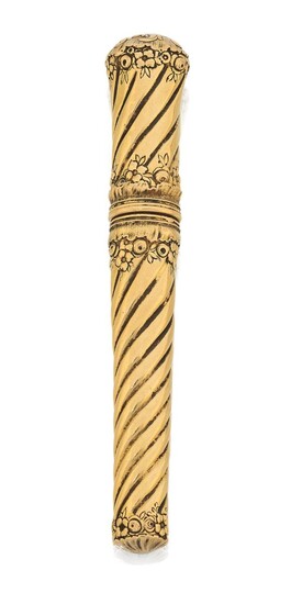 A 19th century gold needle or bodkin case, of tapering candy twist design with chased foliate decoration, length 10cm