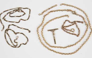 A 9ct gold circular link neckchain on a boltring clasp, detailed '9K' (broken), a short le