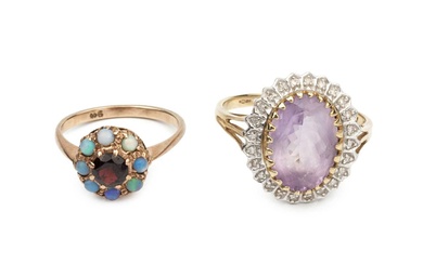 A 9ct gold, garnet and opal cluster ring, and a...