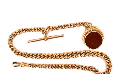 A 9ct rose gold watch chain with swivel clasp, T...
