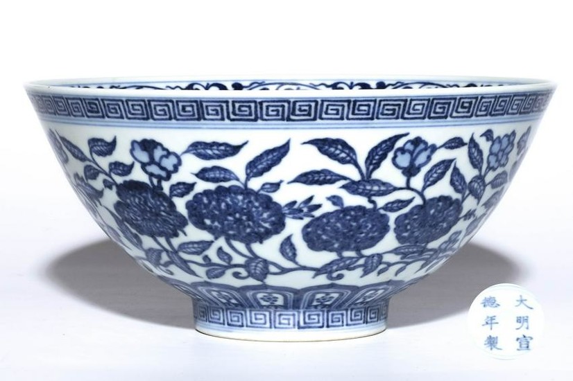 A BLUE AND WHITE FLORAL BOWL, XUANDE MARK