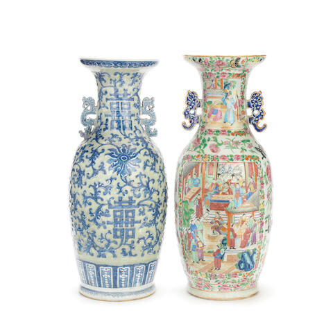 A CANTON FAMILLE ROSE VASE AND A CELADON-GROUND VASE