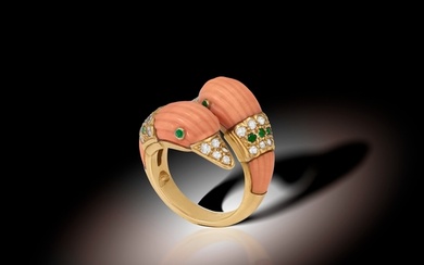 A COLLECTIBLE CORAL, EMERALD AND DIAMOND RING, BY VAN CLEEF ...