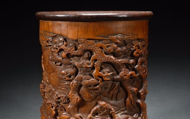 A Chinese Carved Bamboo Brush Pot of Figures Story