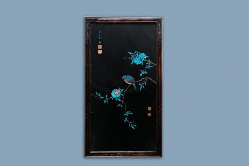 A Chinese black silk ground panel with a kingfisher feather collage of a bird with pomegranates, 18/19th C.
