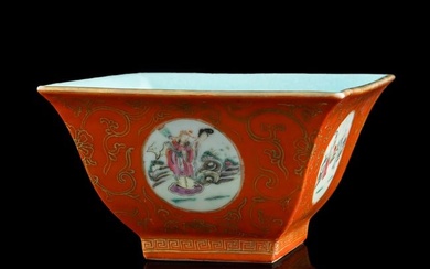 A Chinese coral red-ground famille rose square cup, 19th century