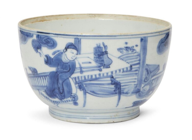 A Chinese porcelain bowl, Wanli period, painted in underglaze blue with a scholar seated in his study, gazing out to a garden where two attendants carrying ducks walk past a startled deer, apocryphal underglaze blue six-character Chenghua mark...