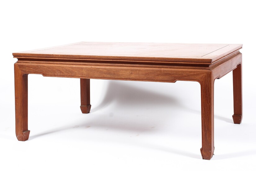 A Chinese teak rectangular coffee table, 20th century, with moulded top and shaped square legs