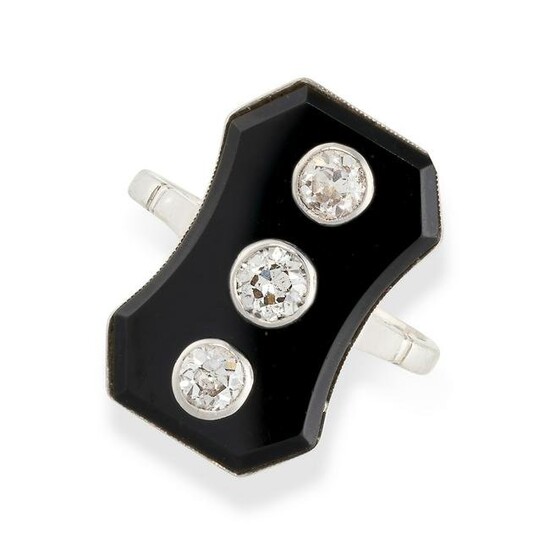 A DIAMOND AND ONYX DRESS RING the face set with a