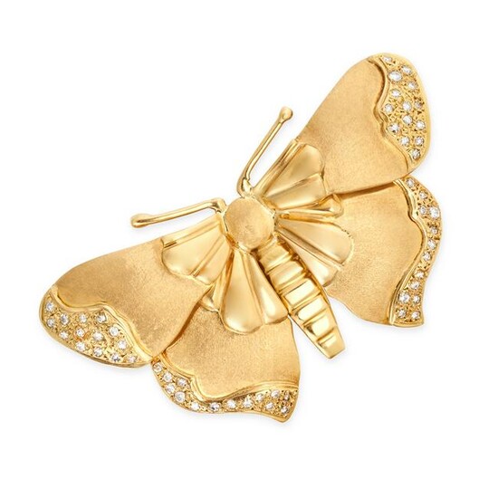 A DIAMOND BUTTERFLY BROOCH with textured body and wings
