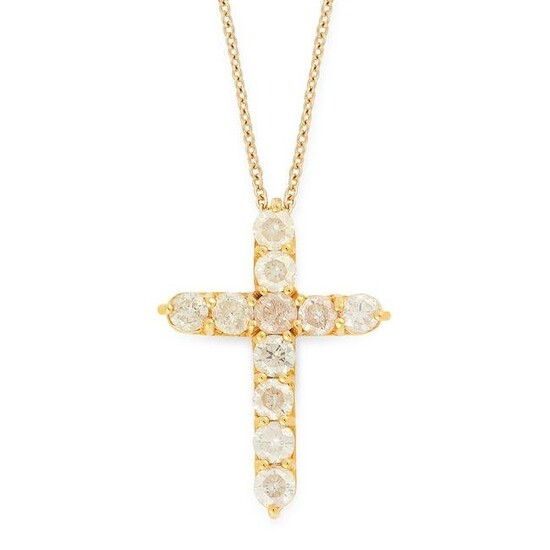 A DIAMOND CROSS PENDANT AND CHAIN in 14ct yellow gold