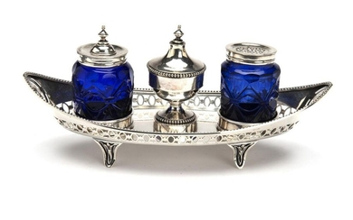 A Dutch silver ink stand with blue glass jars