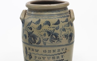 A FINELY DECORATED NEW GENEVA POTTERY FOUR-GALLON STONEWARE CROCK.