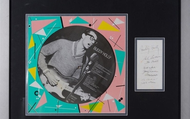 A FRAMED BUDDY HOLLY RECORD WITH SIGNATURES FROM BUDDY HOLLY AND ALL MEMBERS OF THE CRICKETS