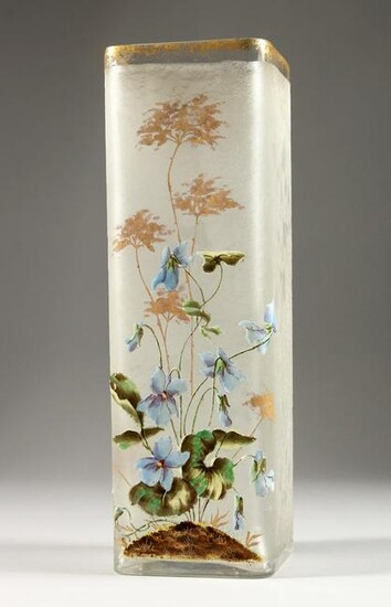 A FRENCH OPAQUE SQUARE SHAPED GLASS VASE painted with