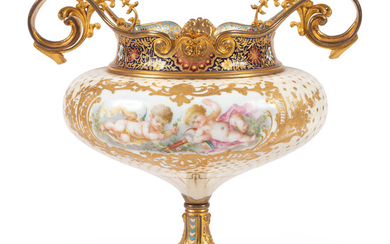 A French Porcelain and Champlevé Enamel Urn
