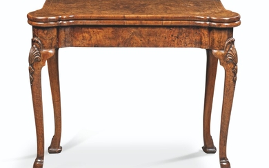 A GEORGE II BURR WALNUT AND FEATHERBANDED CARD TABLE