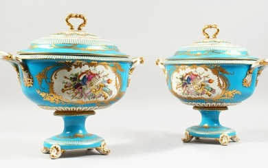 A GOOD PAIR OF SEVRES STYLE TWO HANDLED OVAL TUREENS