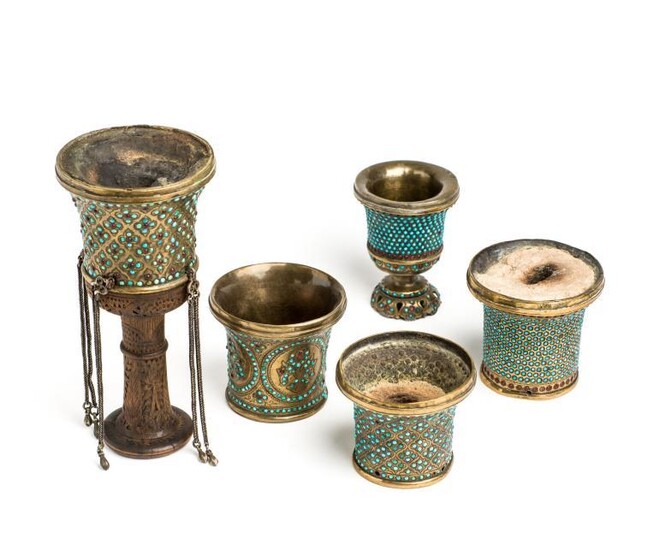 A GROUP OF FIVE INLAID BRASS GHALIAN CUPS, PERSIA,...