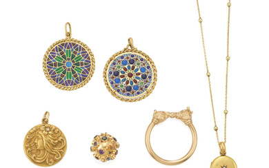 A GROUP OF GOLD, GEM-SET AND PLIQUE-A-JOUR JEWELRY