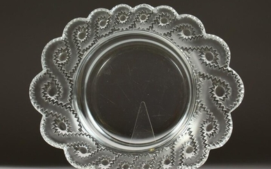 A HEAVY CIRCULAR LALIQUE DISH, with scalloped sides.