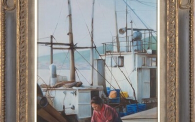 A JAPANESE OIL PAINTING OF A FISHING SCENE 20TH CENTURY
