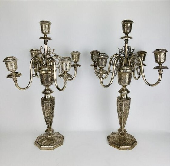 A LARGE PAIR OF PERSIAN SILVER 5 LIGHT CANDELABRA