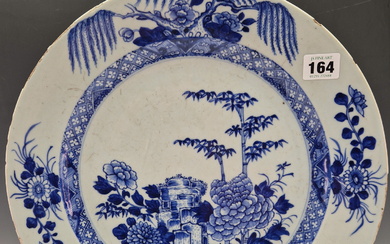 A LATE 18th C. CHINESE BLUE AND WHITE CHARGER PAINTED CENTRALLY WITH PEONY AND BAMBOO GROWING