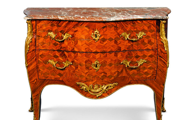 A LOUIS XV ORMOLU-MOUNTED AND BRASS-INLAID ROSEWOOD, KINGWOOD AND SYCAMORE PARQUETRY COMMODE