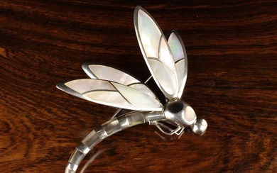 A Large Sterling Silver Dragonfly Brooch inset with Mother-of-Pearl, stamped on back 1997 MI 925, 4'
