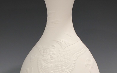 A Lladro biscuit porcelain Dragon vase, modelled in low relief, No. 4690, height 29.5cm, boxed, toge