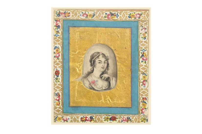 A MINIATURE GRISAILLE PORTRAIT OF A QAJAR BEAUTY Qajar Iran, early 19th century