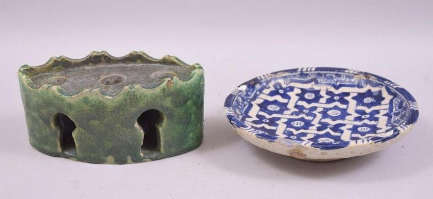 A MOROCCAN GREEN GLAZED POTTERY INKWELL, together with